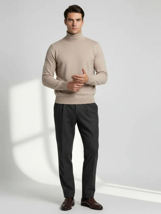 Valoriani beige turtleneck sweater styled on model with understated elegance