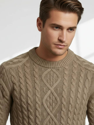warm taupe aran cable knit sweater soft premium cashmere