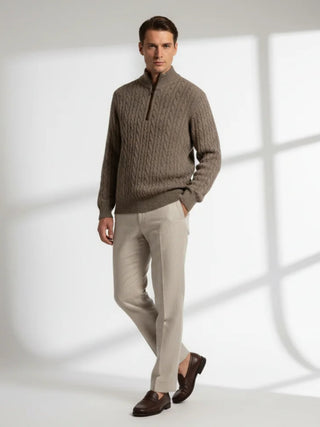 mud beige cashmere one-four zip sweater elegant winter knit