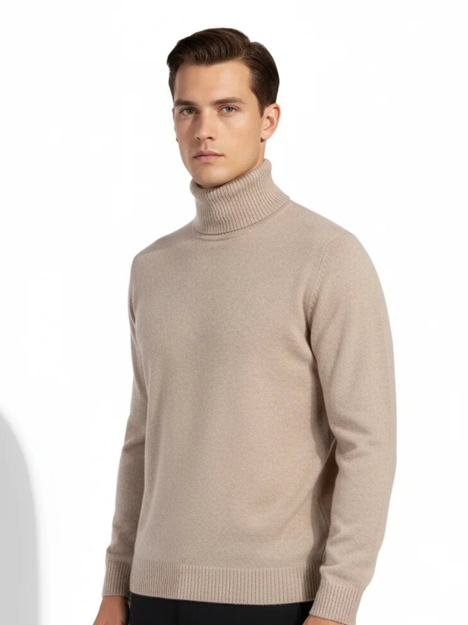 Valoriani beige cashmere turtleneck sweater with balanced winter silhouette