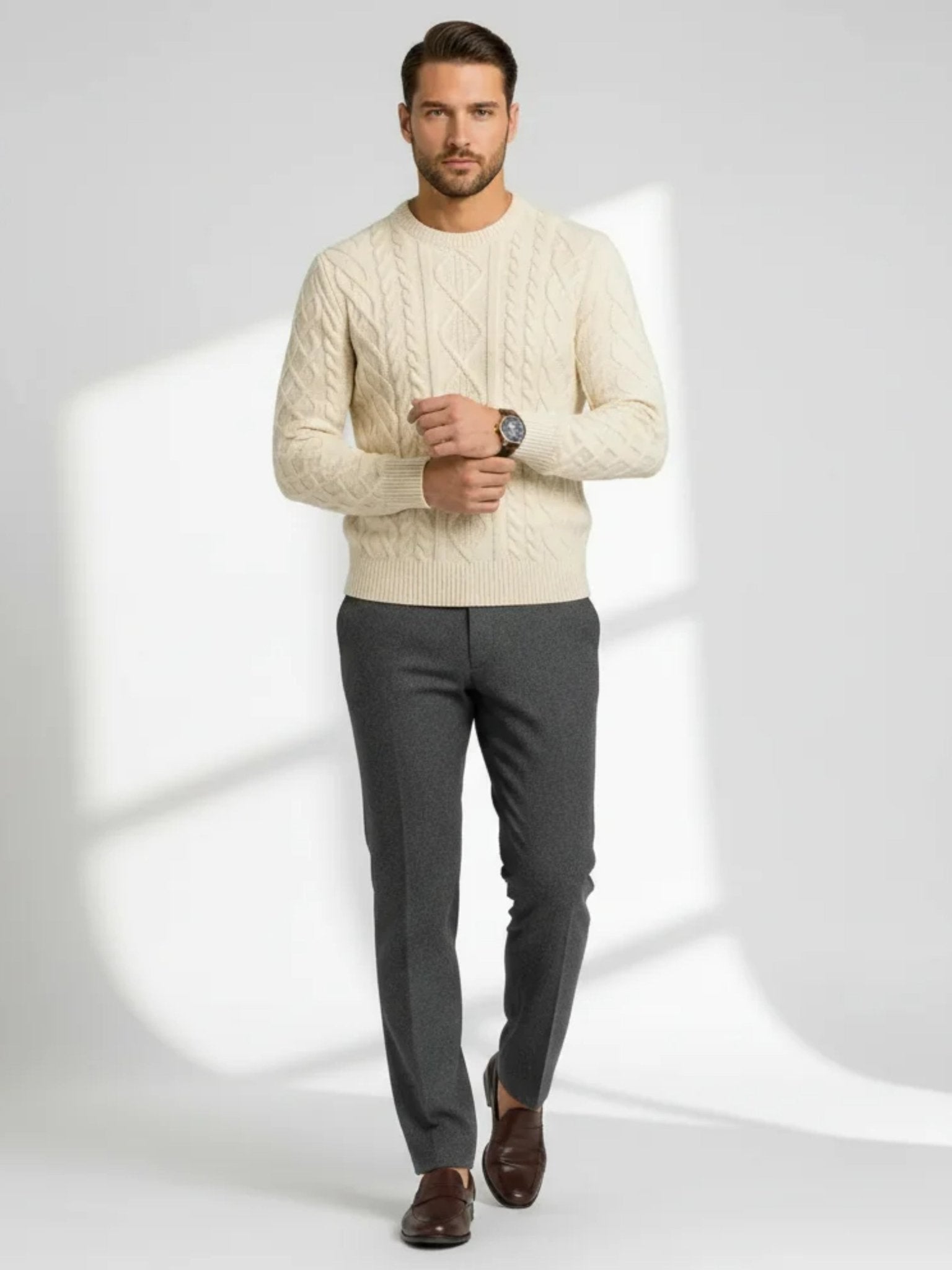 light milk cashmere sweater with textured aran knit pattern