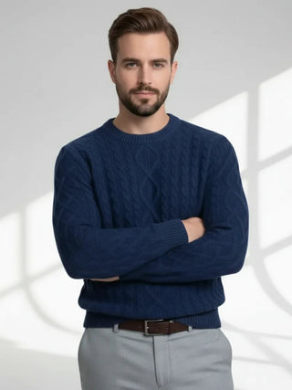 deep blue aran knit cashmere sweater sophisticated winter knitwear