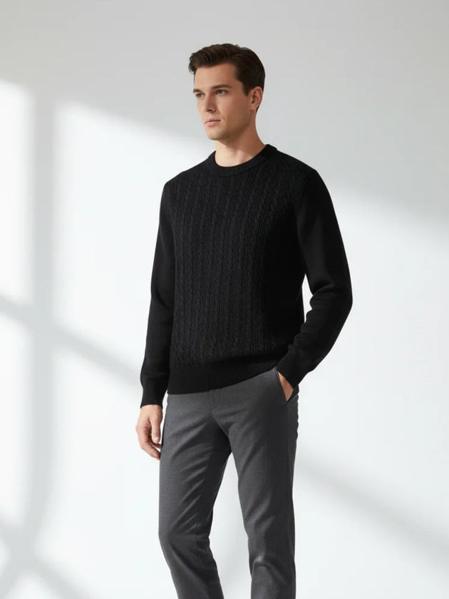 black wool cashmere crewneck sweater minimalist luxury knit