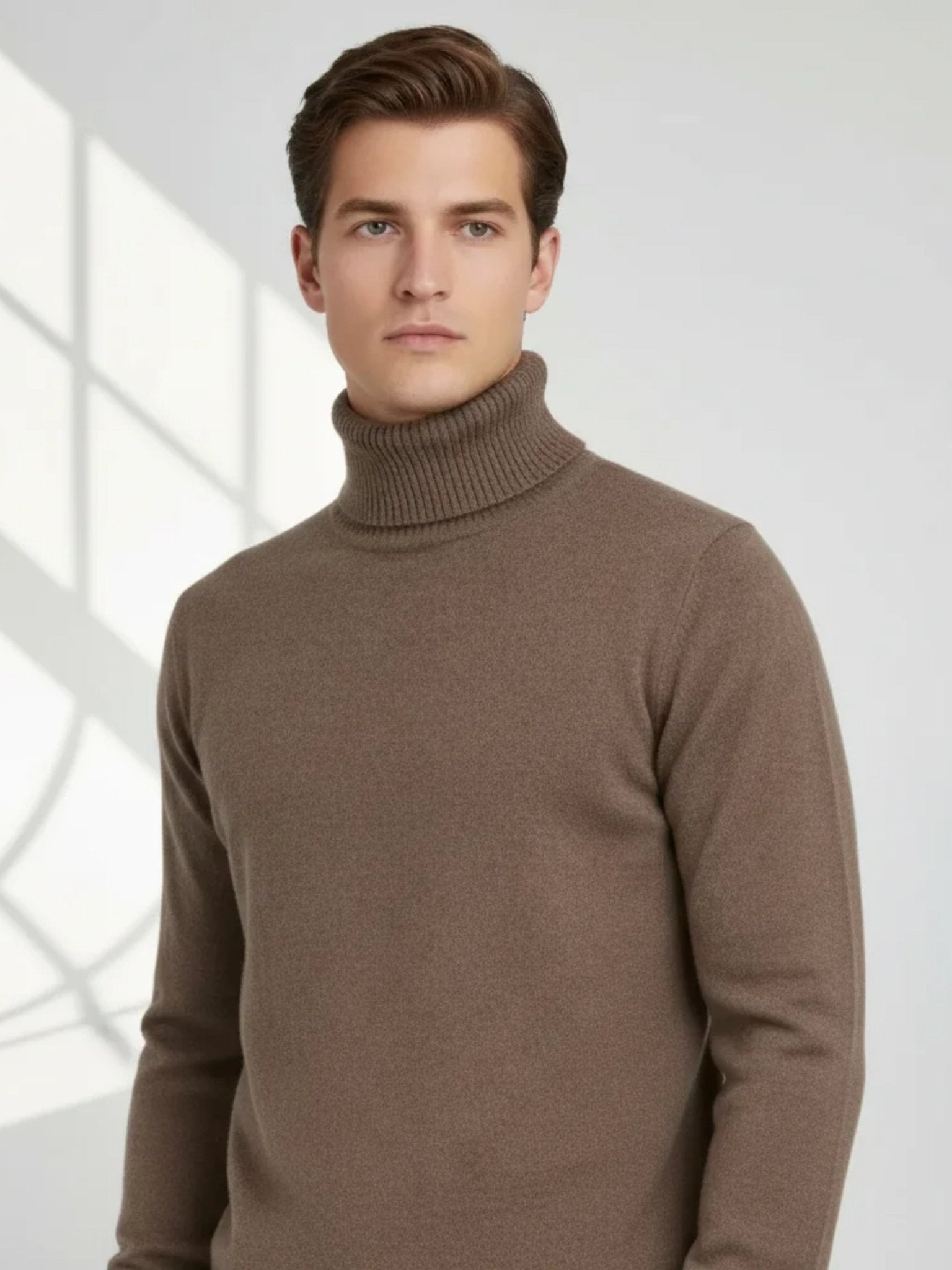 Valoriani brown cashmere turtleneck sweater worn with relaxed proportions
