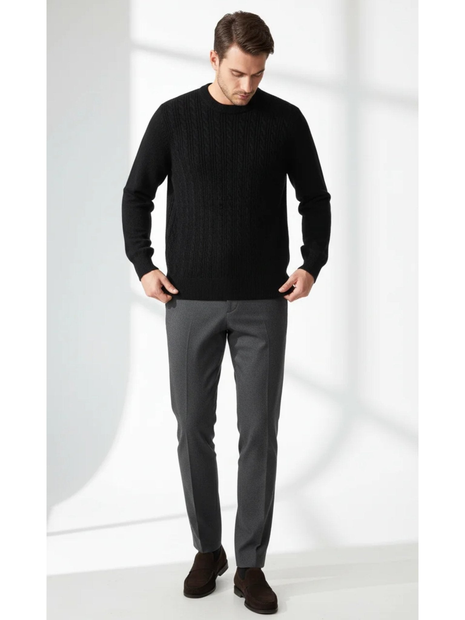 black wool cashmere crewneck sweater front view knitwear