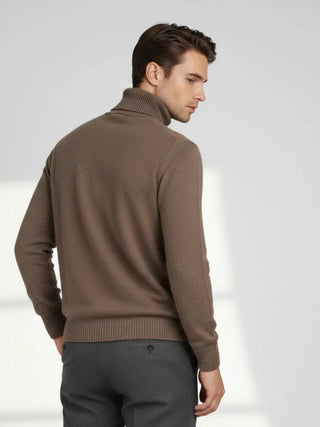 Brown cashmere turtleneck knit captured in natural side profile