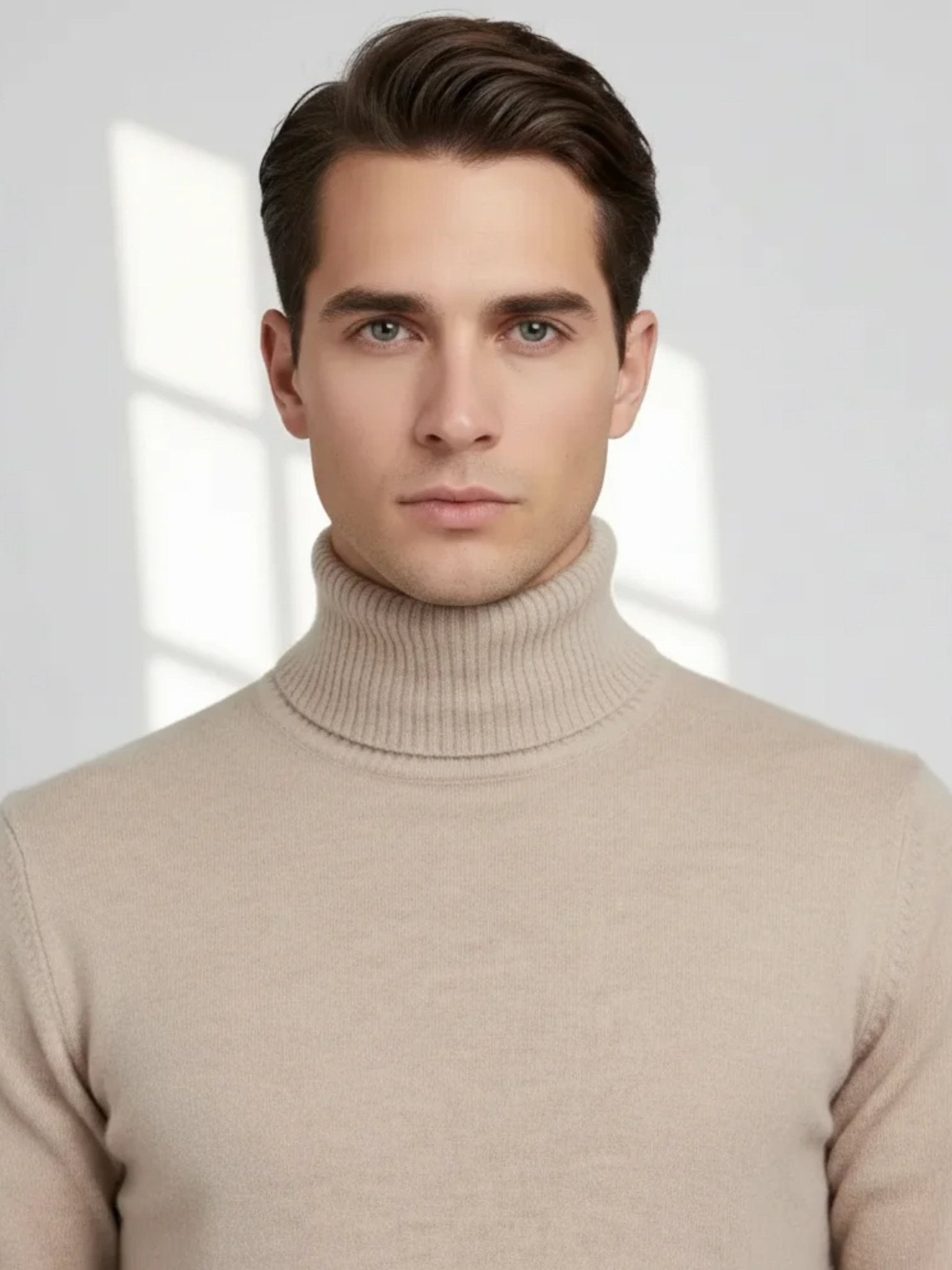 Beige cashmere knit turtleneck by Valoriani captured from side profile