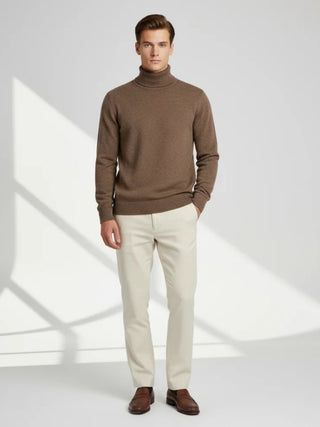 Valoriani brown cashmere turtleneck sweater styled with quiet luxury aesthetic