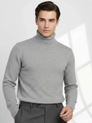 Valoriani pearl cashmere turtleneck sweater worn on model, relaxed elegant fit