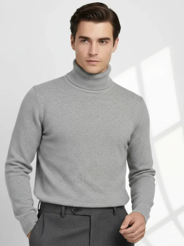 Valoriani pearl cashmere turtleneck sweater worn on model, relaxed elegant fit