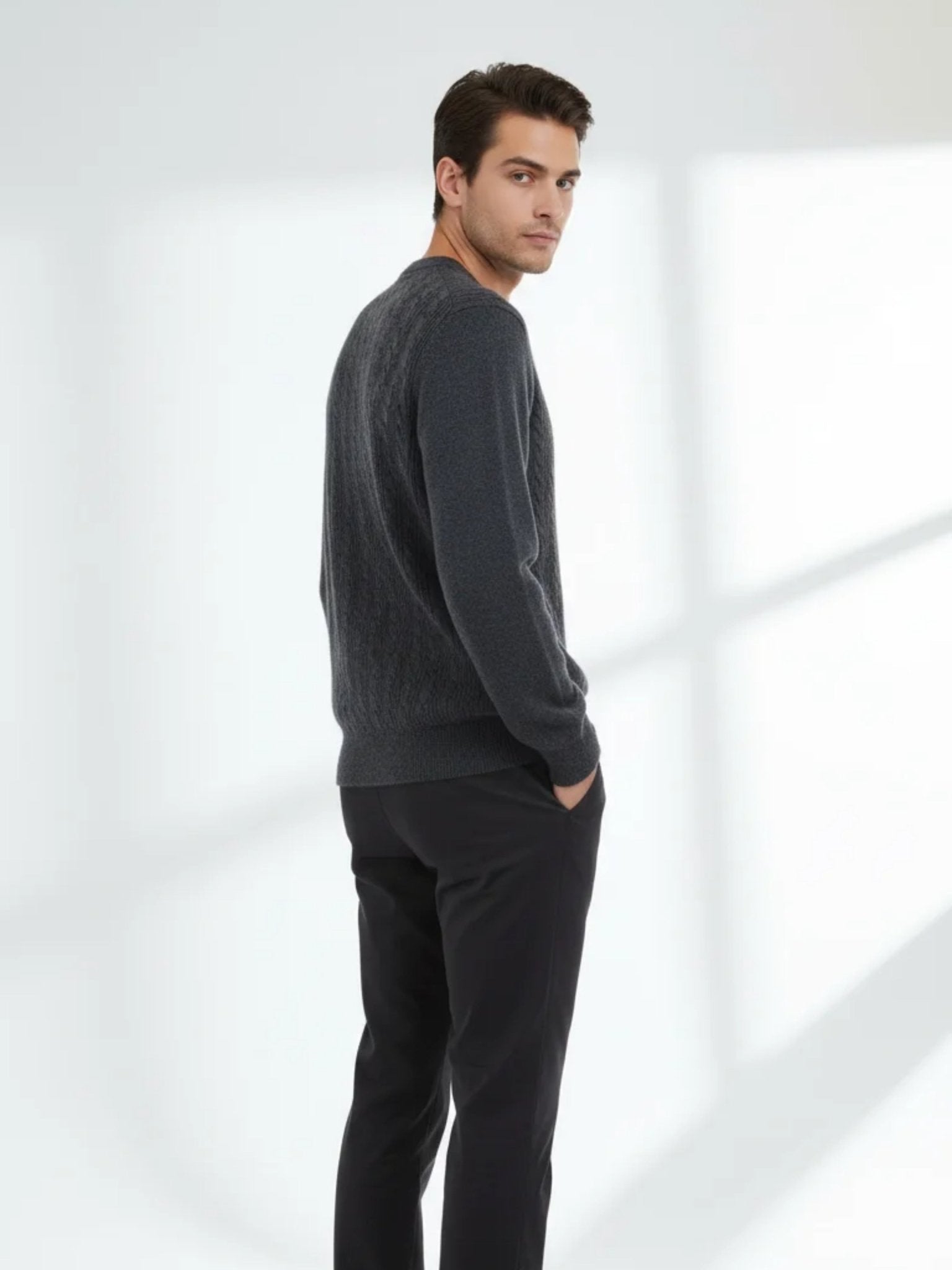 mid grey wool cashmere crewneck sweater close knit texture