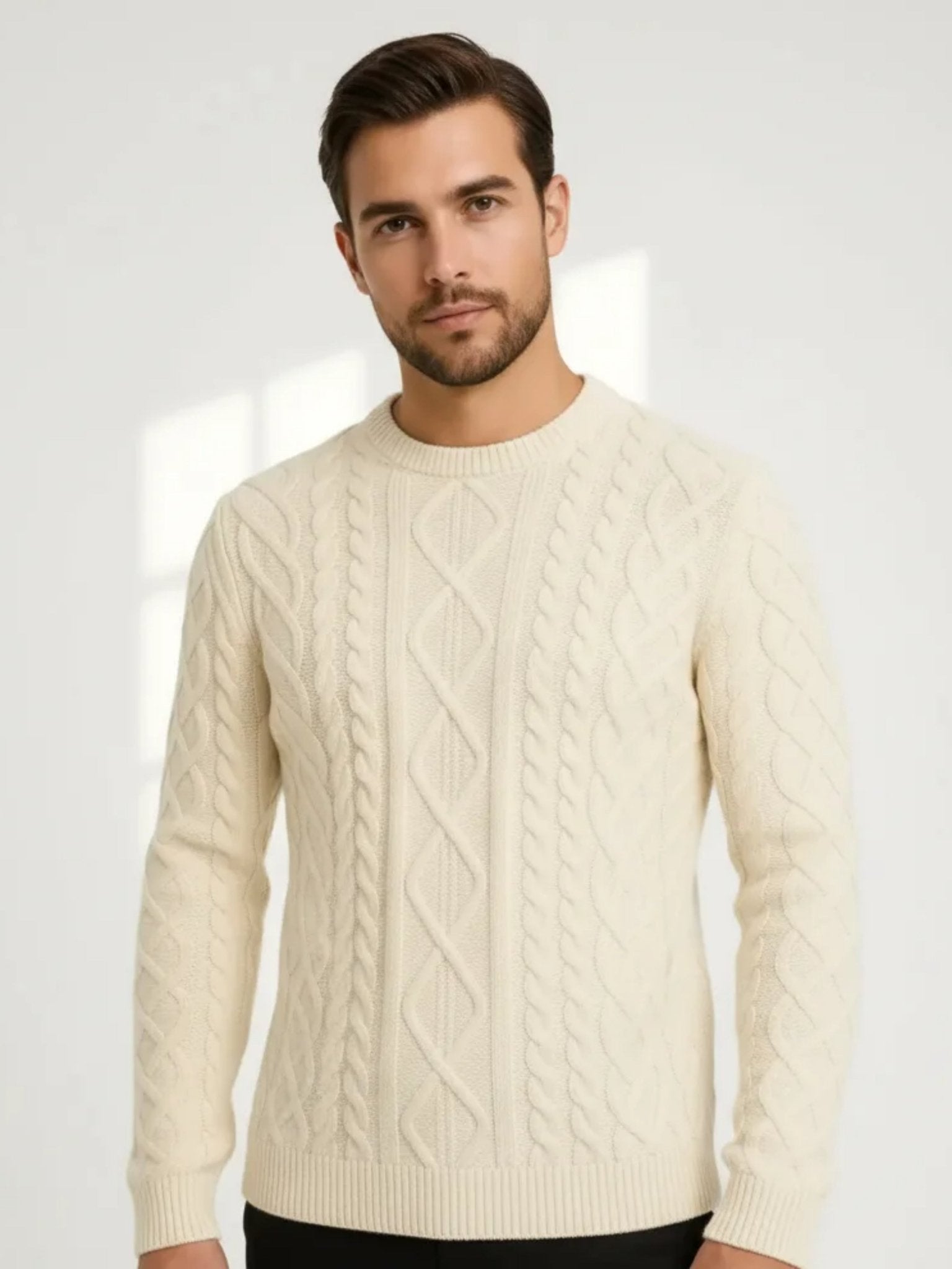 refined cream aran knit sweater elegant winter knitwear