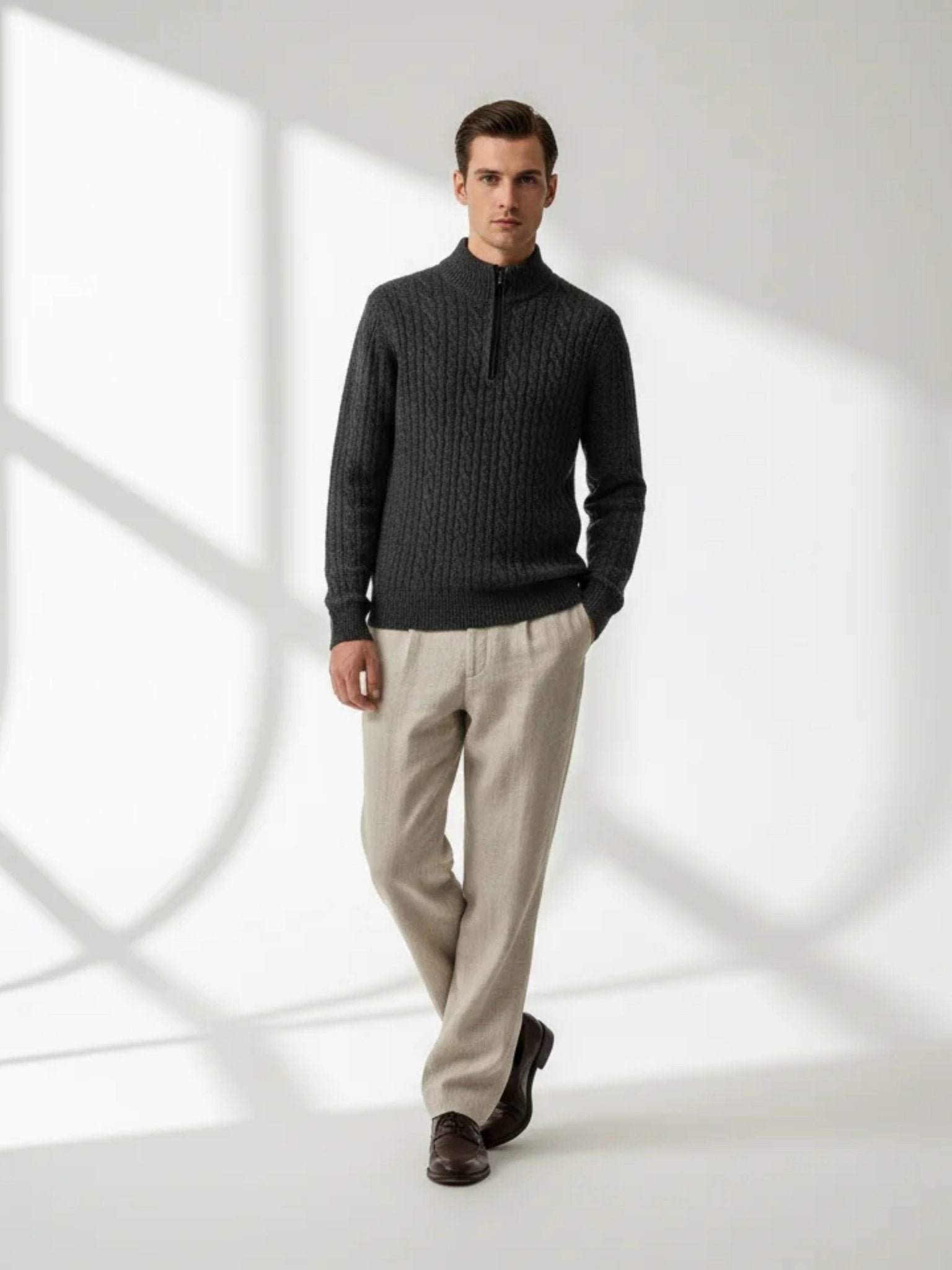 charcoal one-four zip cashmere sweater refined knit texture