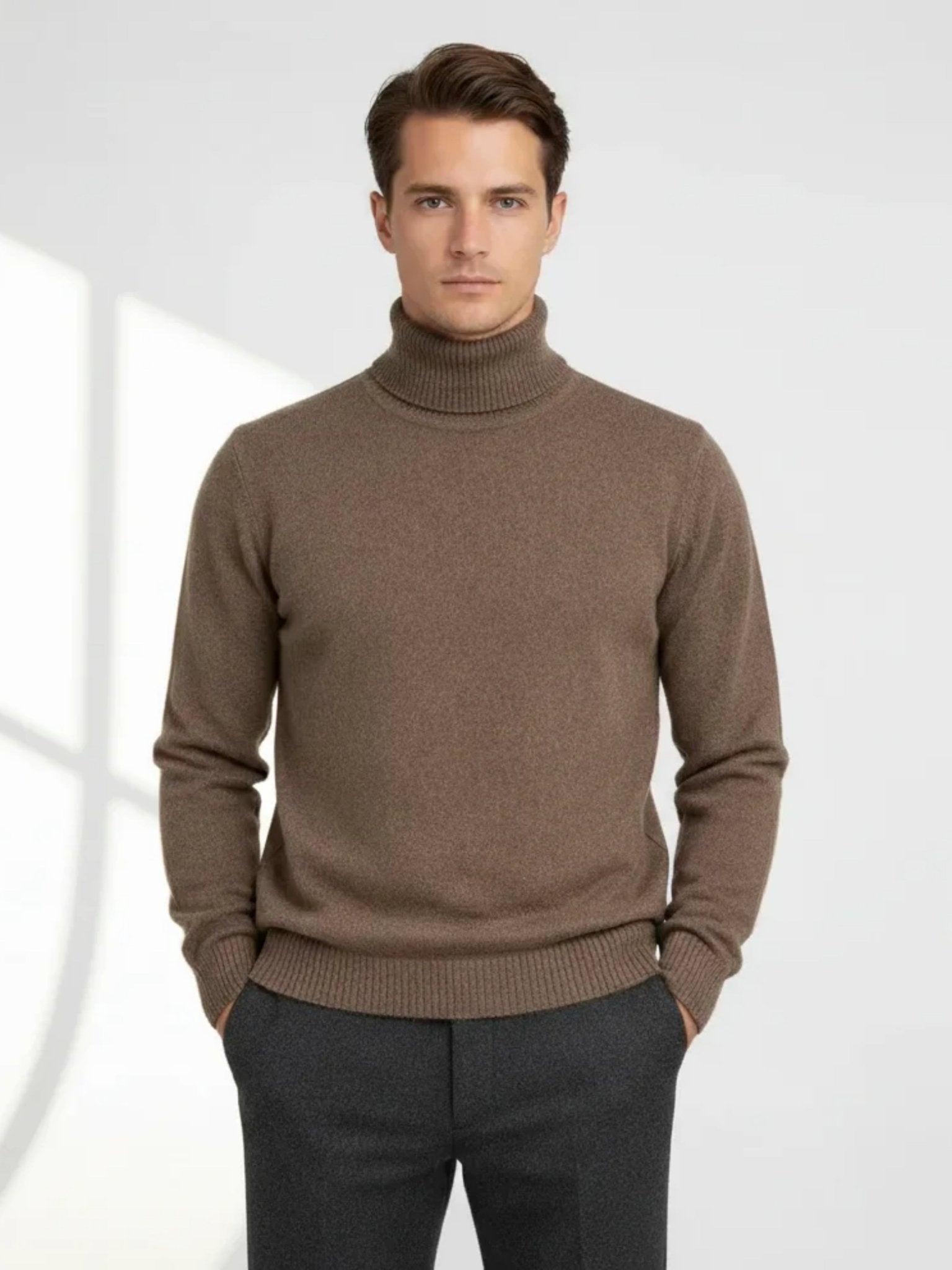 Detail of brown cashmere knit showing depth of the yarn texture
