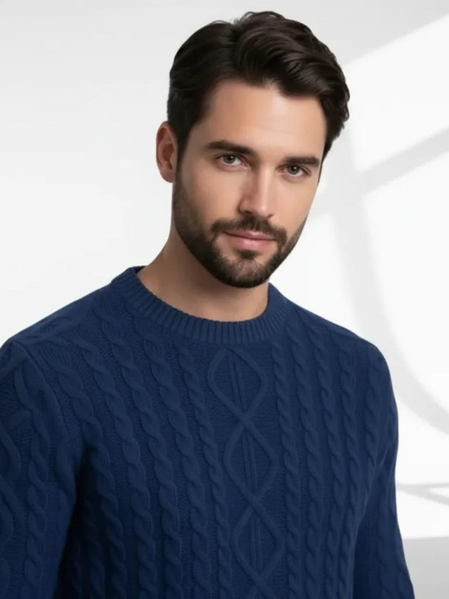 textured navy aran cashmere sweater refined knit structure