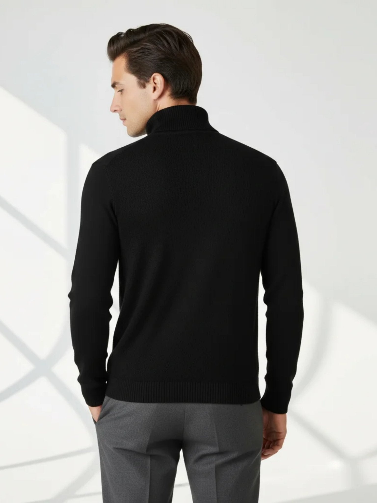 Black cashmere turtleneck knitwear from Valoriani viewed from side angle